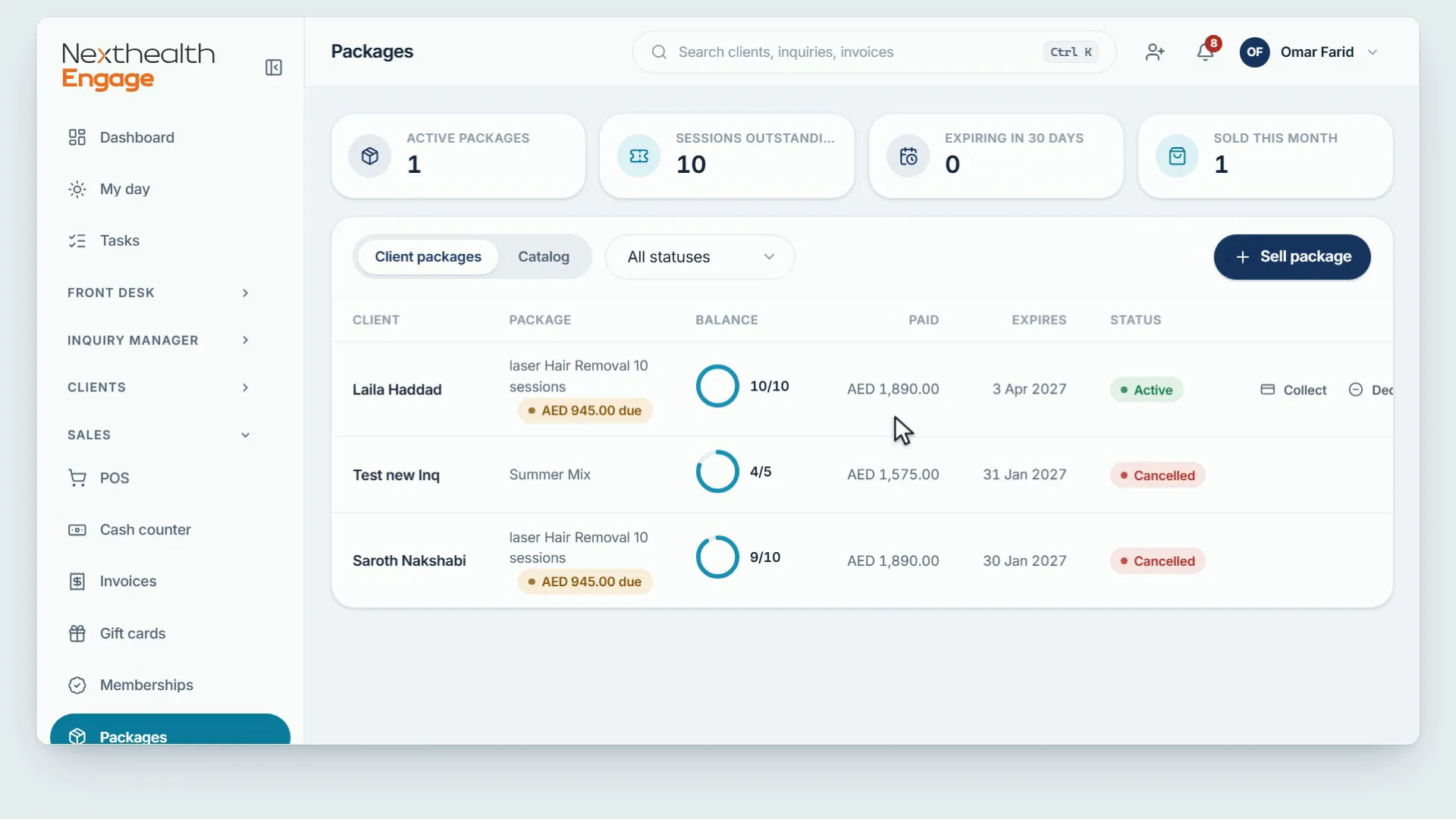 A manager creating a two-service course, selling it at the till, the client balance by session, then membership plans and a membership set to pause at period end