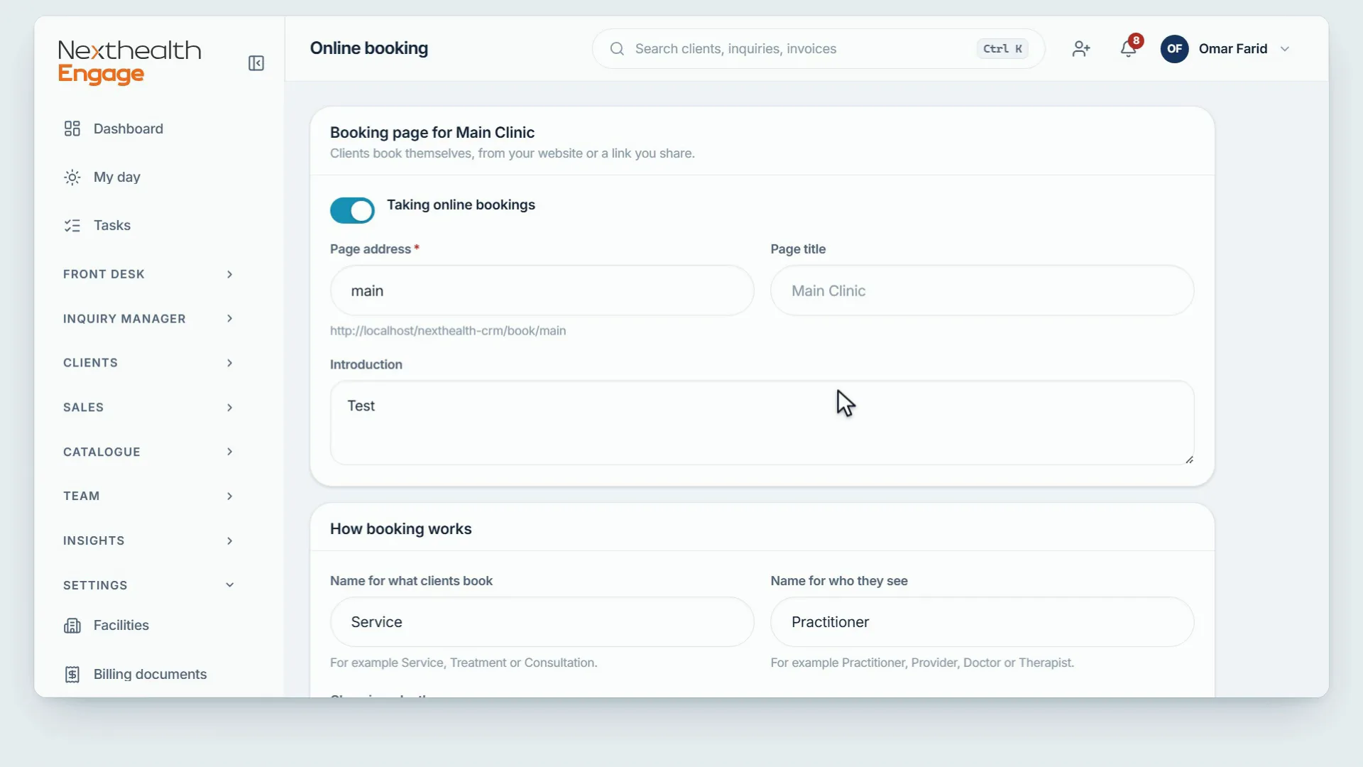 A manager setting desk approval and the website embed for the booking page, a client booking a service, practitioner and time online, and the front desk accepting the request